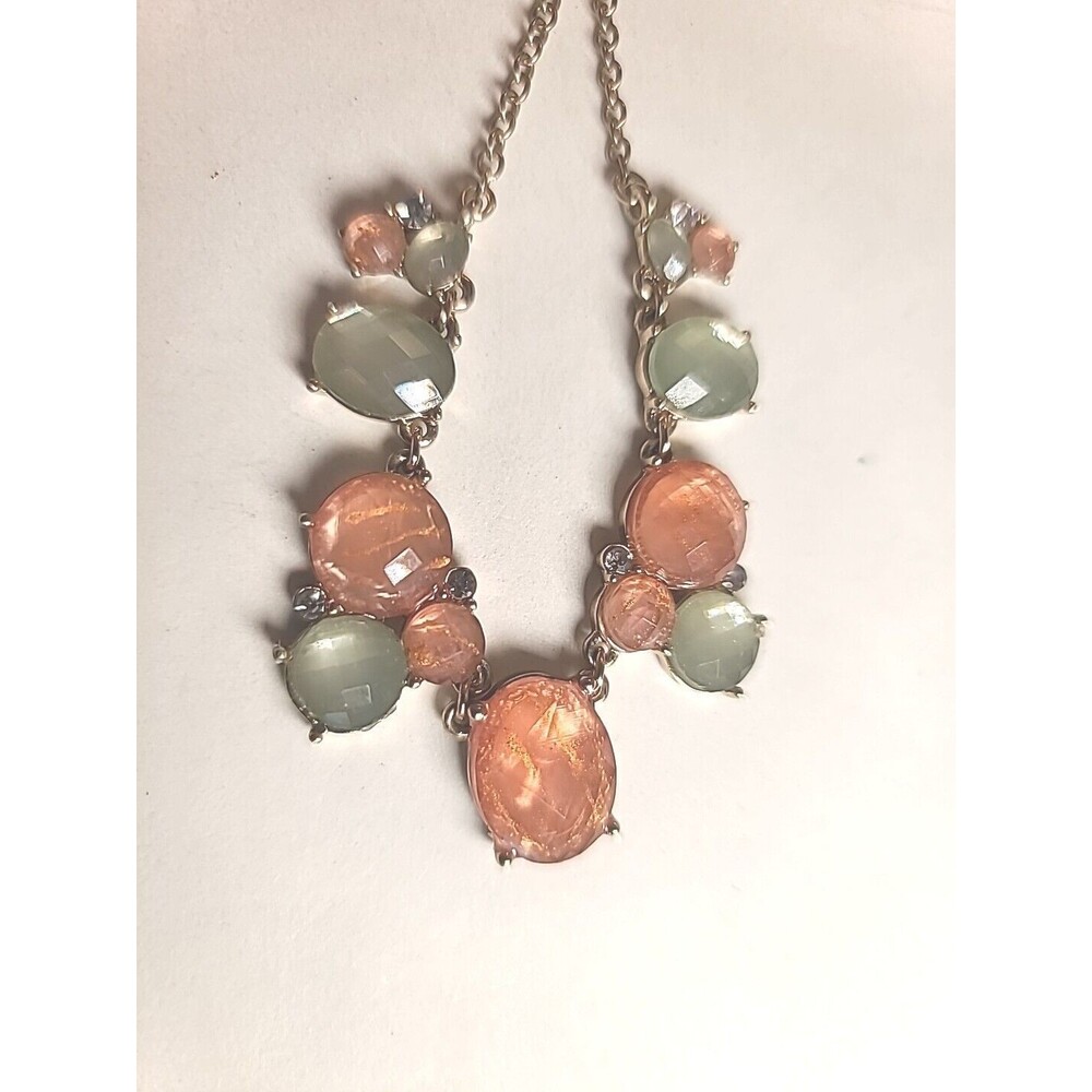 Vintage 16" Faceted Gold Tone Pastel Green & Orange Statement Necklace Dainty
